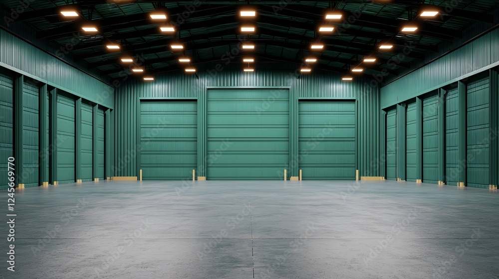 A Spacious Warehouse Interior Illuminated by Soft Glow, Highlighting Minimalist Design Elements. Warehouse Management System Concept A Spacious Warehouse Interior Illuminated by Soft Glow, Highlighting Minimalist Design Elements. Warehouse Management System Concept