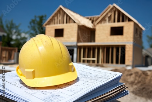 Yellow hard hat atop blueprints, with a new home construction framing in the background, under a blue sky.