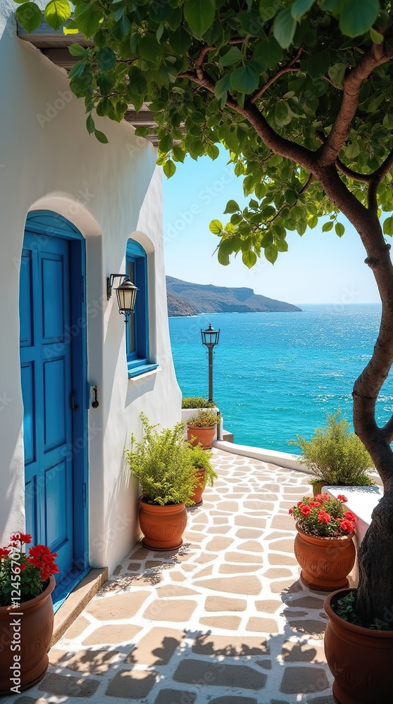 Naklejka premium Quaint Whitewashed Home with Sea View and Lush Mediterranean Decor