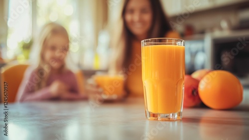 Healthy Morning Juice with Family in Blurred Kitchen Background