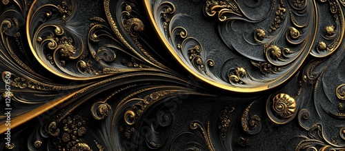 Elegant abstract design in rich black and gold featuring intricate swirling curves with ornate details creating a stunning visual display photo