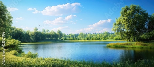 Serene landscape showcasing a calm lake surrounded by lush green trees under a bright blue sky with fluffy white clouds creating a tranquil scene