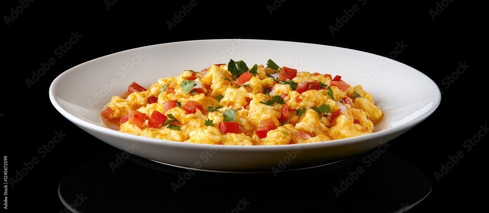 Vibrant scrambled eggs dish featuring yellow eggs mixed with diced red bell peppers and green herbs in a clean white oval bowl against a black background. Vibrant scrambled eggs dish featuring yellow eggs mixed with diced red bell peppers and green herbs in a clean white oval bowl against a black background.