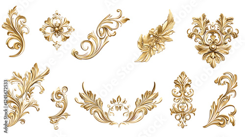 Collection set of golden corner ornaments isolated on transparent or white background