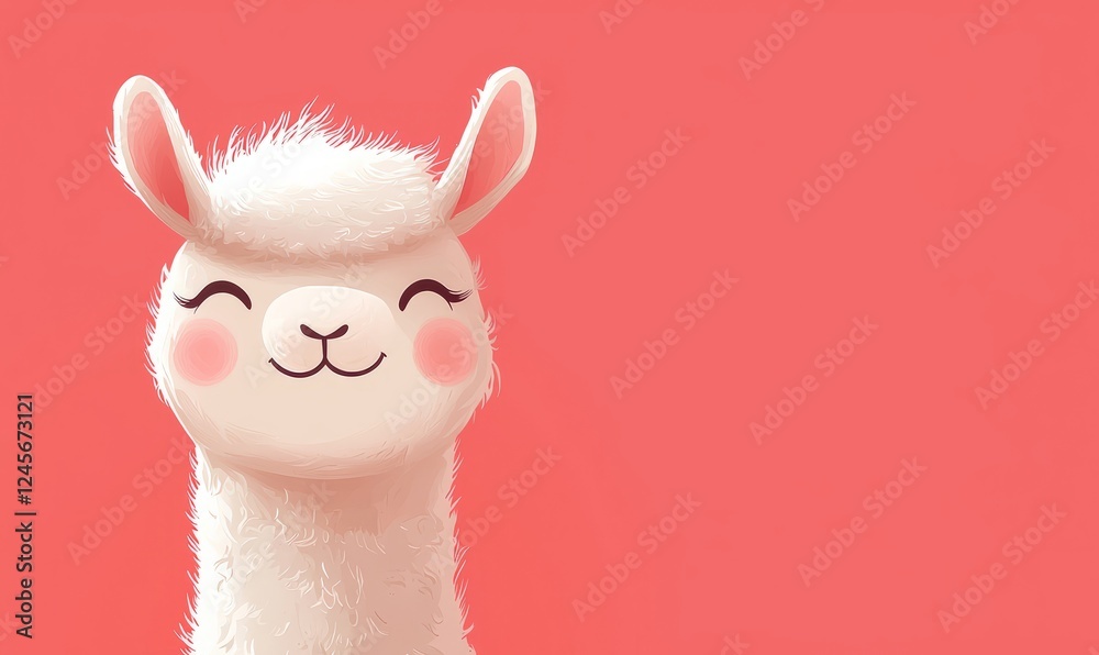 Charming and Playful Cartoon Llama with a Bright Red Background Smiling Happily Charming and Playful Cartoon Llama with a Bright Red Background Smiling Happily