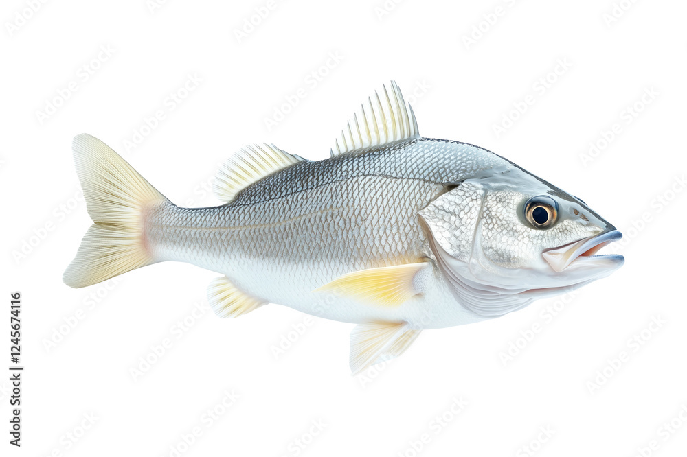 Fototapeta premium Freshwater Walleye fish with vivid golden fins and detailed scales isolated on white transparent background.
