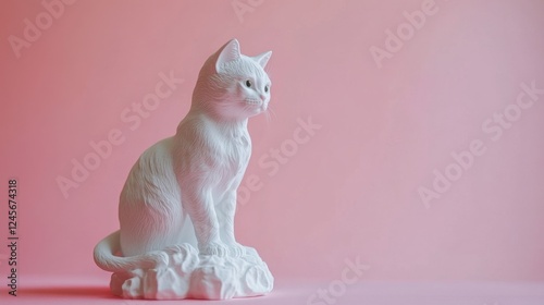 A white cat sculpture sits gracefully against a soft pink background.