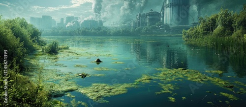 Lush green waterway with algae blooms reflecting industrial pollution in background showcasing environmental challenges and the need for solutions