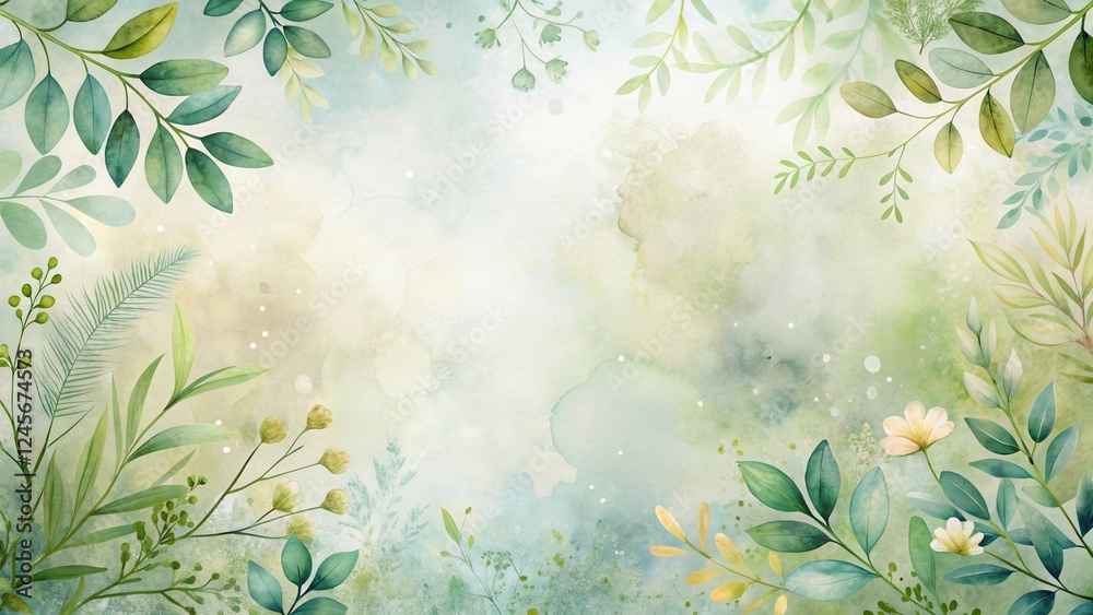 Serene Watercolor Botanical Frame Elegant Greenery and Delicate Blossoms on a Soft, Textured Background, Ideal for Invitations or Artistic Projects Serene Watercolor Botanical Frame Elegant Greenery and Delicate Blossoms on a Soft, Textured Background, Ideal for Invitations or Artistic Projects