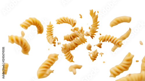 Flying fusilli pasta pieces caught in midair, isolated against a transparent background, highlighting their unique twists and curves