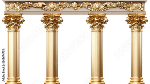 Golden columns, Classic antique gold pillars isolated on transparent background