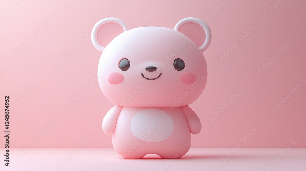 Naklejka premium Cute pink bear toy with a smiling face and rounded features on a soft pink background.