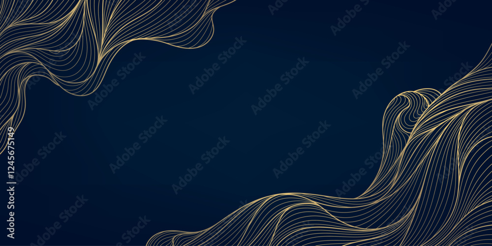 Vector art deco fancy background. Gold on blue abstract wave pattern, curve elegant banner, premium graphic texture, flow ornament, frame