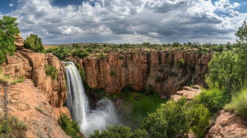 Waterfall cascading over cliffs, green valley background, dramatic sky; nature tourism