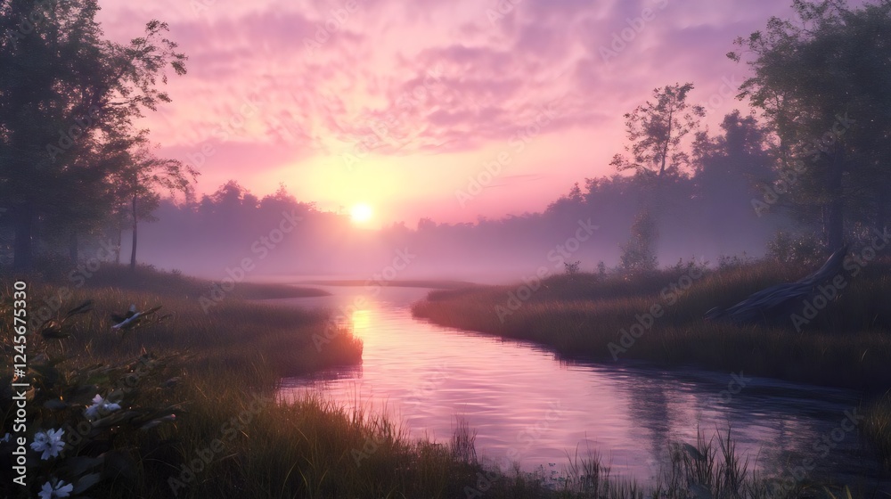 Obraz premium sunset over the river springtime