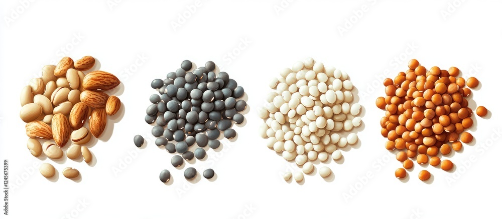 Various nuts and seeds in light brown, gray, white, and orange arranged in a row showcasing healthy plant-based protein sources on white background Various nuts and seeds in light brown, gray, white, and orange arranged in a row showcasing healthy plant-based protein sources on white background