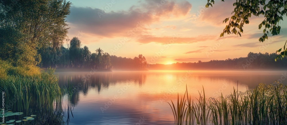 Fototapeta premium Tranquil sunrise over a calm lake with warm orange and pink hues reflecting on water surrounded by lush green foliage and soft morning mist