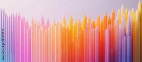 Colorful gradient of vertically arranged rainbow pencils in shades of pink, orange, and yellow on a soft pastel background showcasing creativity