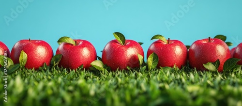 Vibrant red apples lined on lush green grass under a clear blue sky creating a beautiful natural scene with fresh leaves throughout.