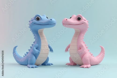 Two cute cartoon-like dinosaur figures in blue and pink against a pastel background.