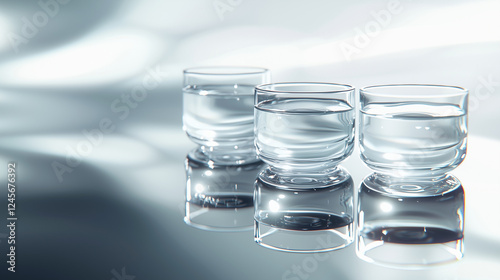 A futuristic white laboratory with floating glass beakers, each holding a different translucent liquid. Soft shadows on the reflective surface create depth, while the background remains minimalistic