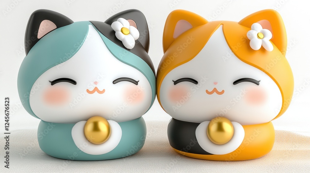 Fototapeta premium Two cute cat figurines with smiling faces and colorful designs.