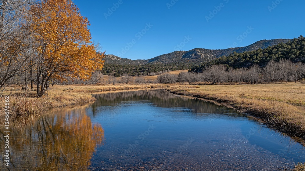 Autumn River Reflection, Mountains Background - Peaceful Nature Scene Autumn River Reflection, Mountains Background - Peaceful Nature Scene