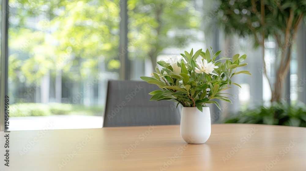 Fototapeta premium Office flowers, light wood table, green background, modern workspace