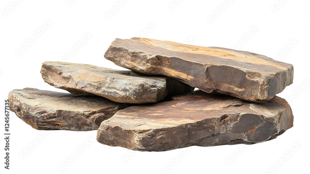 Several natural flat rocks arranged as a podium, isolated on a clean white background, providing a rustic and earthy display platform Several natural flat rocks arranged as a podium, isolated on a clean white background, providing a rustic and earthy display platform