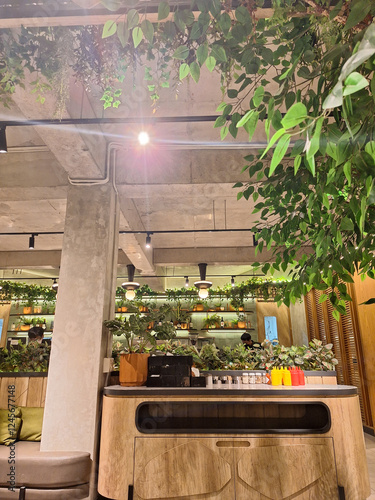 Cozy, modern, and warm cafe interior 