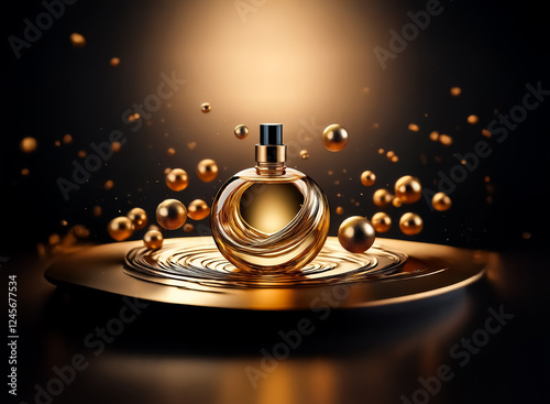 Wallpaper Mural Elegant golden perfume bottle on a reflective plate, surrounded by floating gold spheres against a dark backdrop.  Luxury and sophistication are evoked by the warm, gleaming tones. Torontodigital.ca