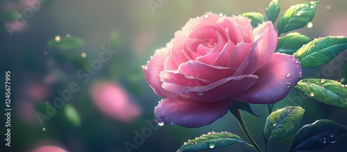 Delicate pink rose with shimmering dew drops in soft focus, surrounded by blurred green foliage and gentle light effects creating a serene atmosphere.