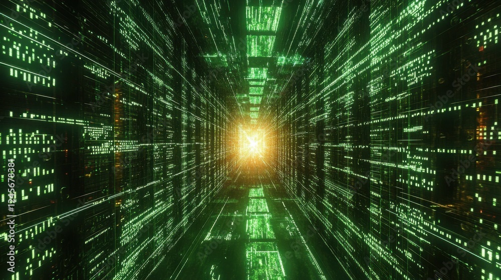 Futuristic digital tunnel with glowing lines and green patterns Futuristic digital tunnel with glowing lines and green patterns