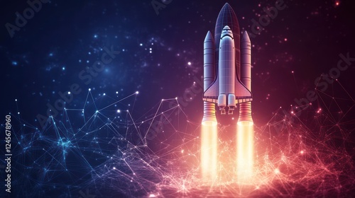 Space shuttle launching into vibrant nebula.