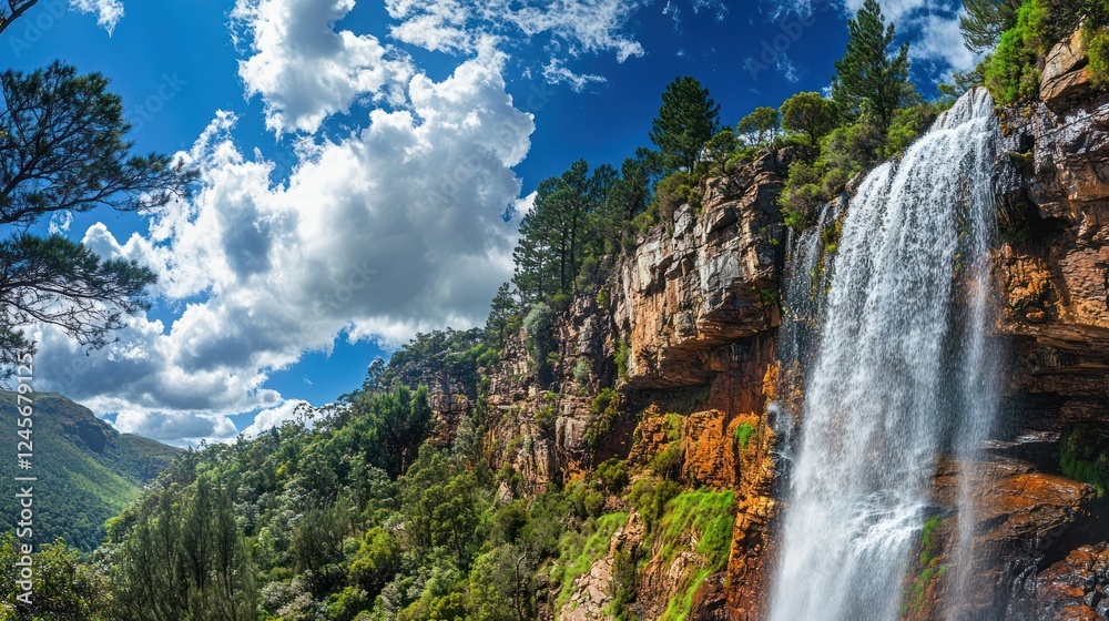 Majestic waterfall cascading down cliff, lush greenery, sunny sky, scenic landscape, travel poster