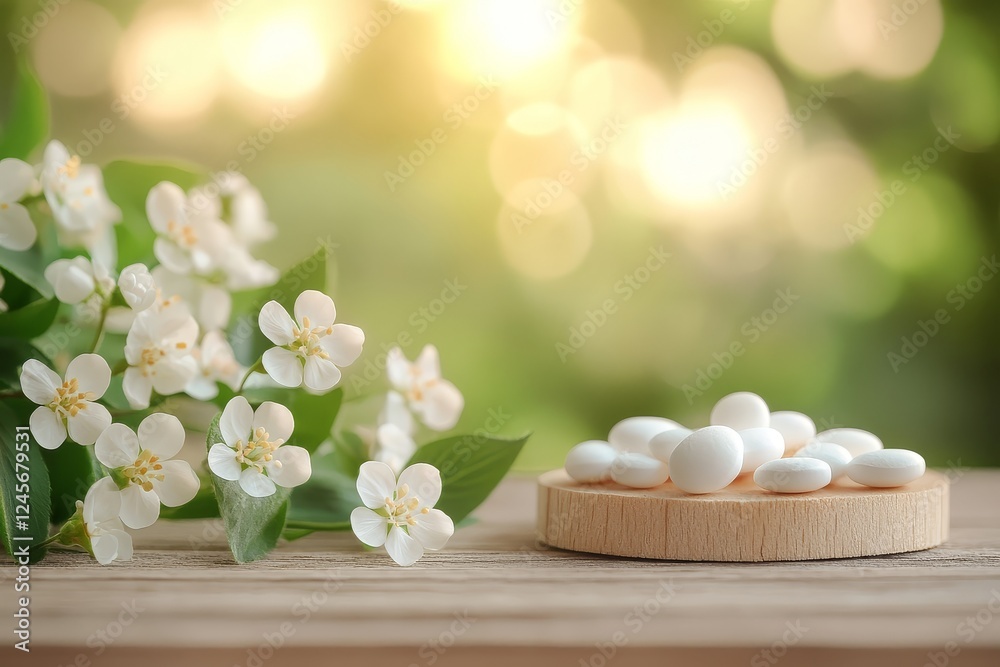 Wooden table with spring background, blurred natural greenery, and flowers on the left side, banner mockup with bright sunlight and bokeh effect for product display. Wooden table with spring background, blurred natural greenery, and flowers on the left side, banner mockup with bright sunlight and bokeh effect for product display.