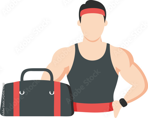 A stylized illustration of a muscular man wearing a tank top and headband, holding a gym bag.