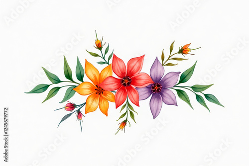 Romantic watercolor floral arrangement with pink, blue and orange flowers and green foliage on a white background 