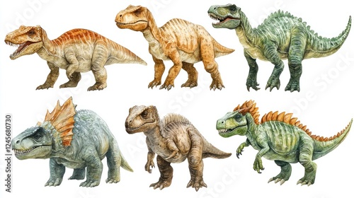 Fototapeta Naklejka Na Ścianę i Meble -  Six diverse dinosaurs watercolor illustration.