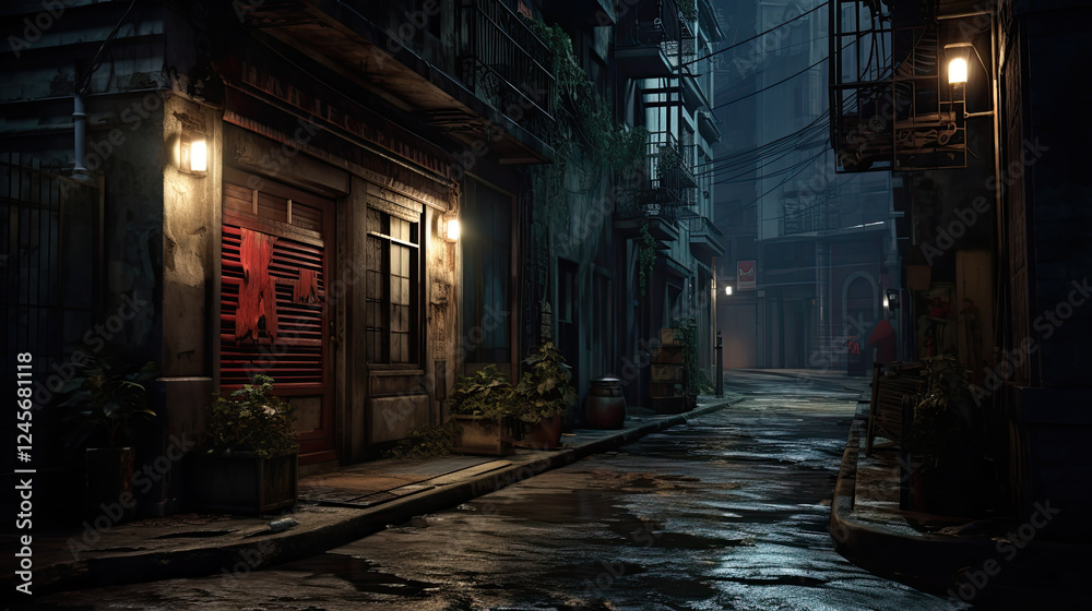 Dark and atmospheric rainy night in a city back alley Dark and atmospheric rainy night in a city back alley