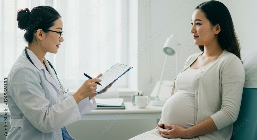 Fototapeta premium Doctor consulting with a pregnant woman in a bright clinic, discussing health and wellness