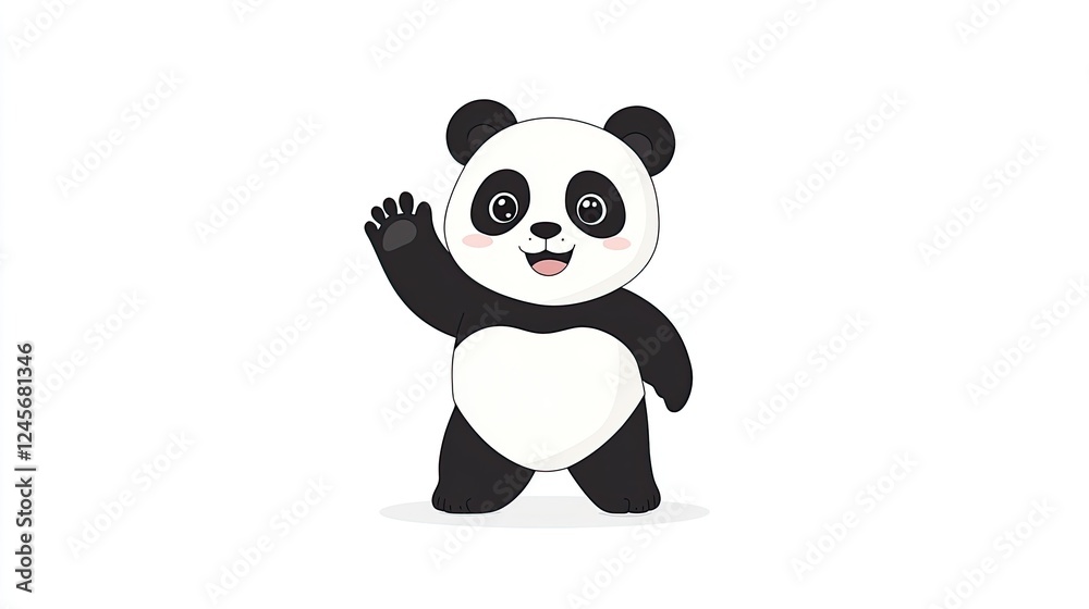 Cute cartoon panda waving cheerfully, set against a simple white background, ideal for children's media Cute cartoon panda waving cheerfully, set against a simple white background, ideal for children's media