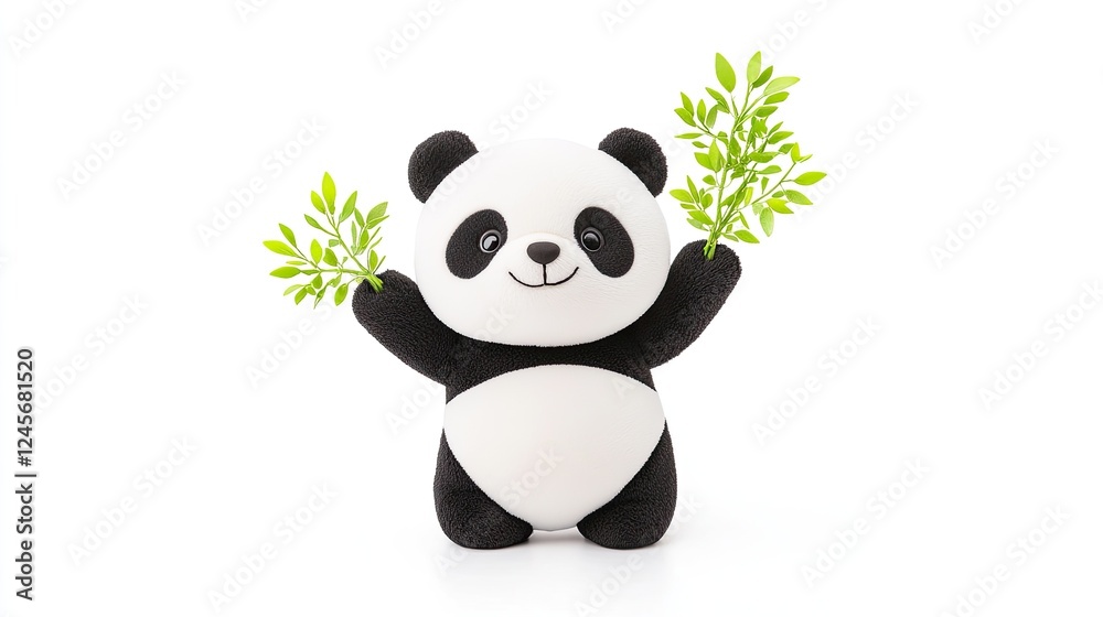 Obraz premium Cute plush panda holding green leaves, symbolizing nature and conservation in a bright setting
