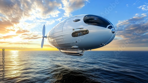 futuristic airship sunset ocean flight - futuristic technology photo