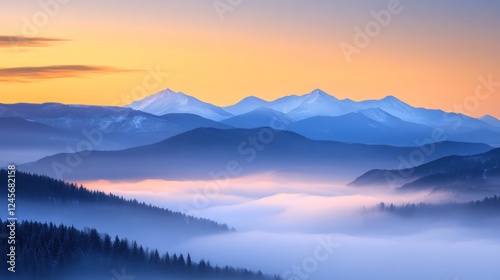 A mystical scene of misty mountains with rugged, snow-capped summits, shrouded in dense fog and illuminated by golden morning light
