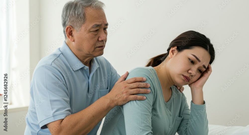Obraz premium Elderly man comforting a distressed woman in a softly lit room, conveying emotional support and care
