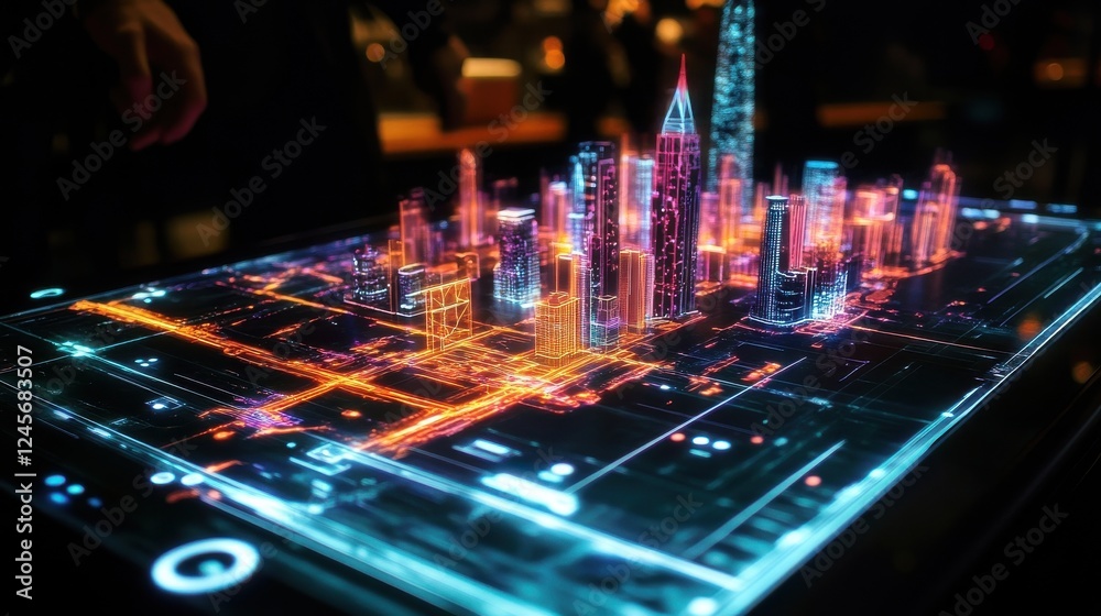 Futuristic Cityscape Visualization on Digital Touchscreen Display Futuristic Cityscape Visualization on Digital Touchscreen Display