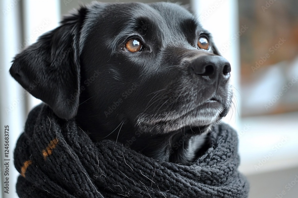Black lab, winter scarf, looking up, snowy background, pet portrait Black lab, winter scarf, looking up, snowy background, pet portrait