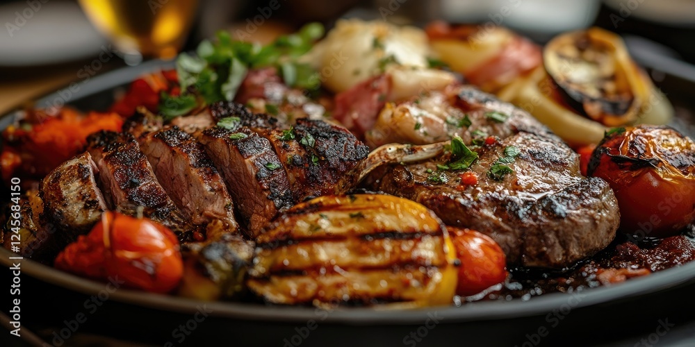 Grilled steak with colorful roasted vegetables including tomatoes and onions arranged on a dark platter with a blurred background of drinks. Grilled steak with colorful roasted vegetables including tomatoes and onions arranged on a dark platter with a blurred background of drinks.