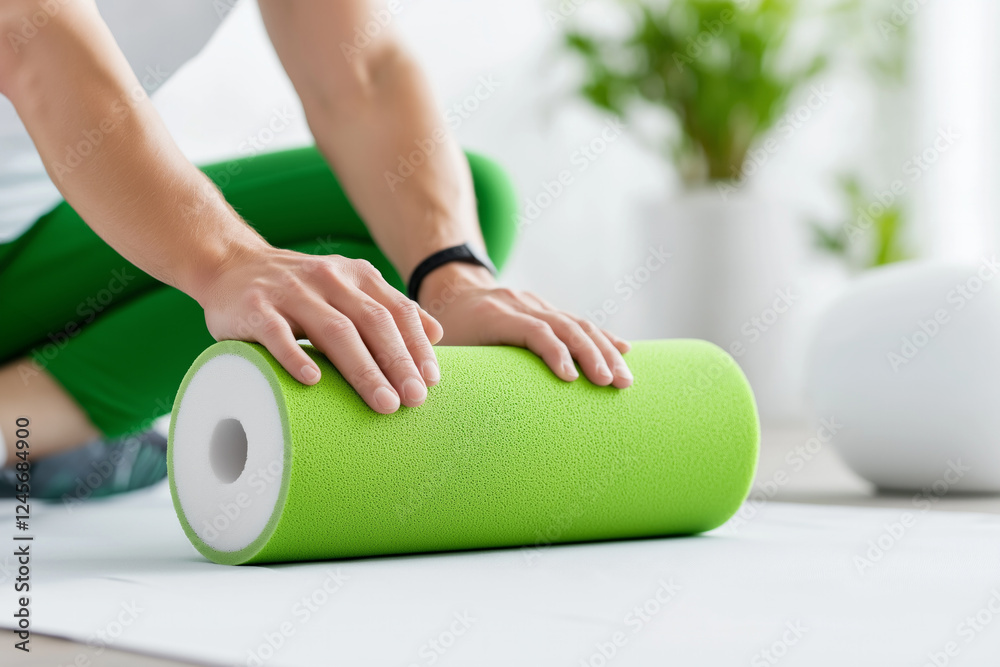 Fototapeta premium Close-up of hands on a green foam roller, ready for exercise on a mat, with greenery in the background.
